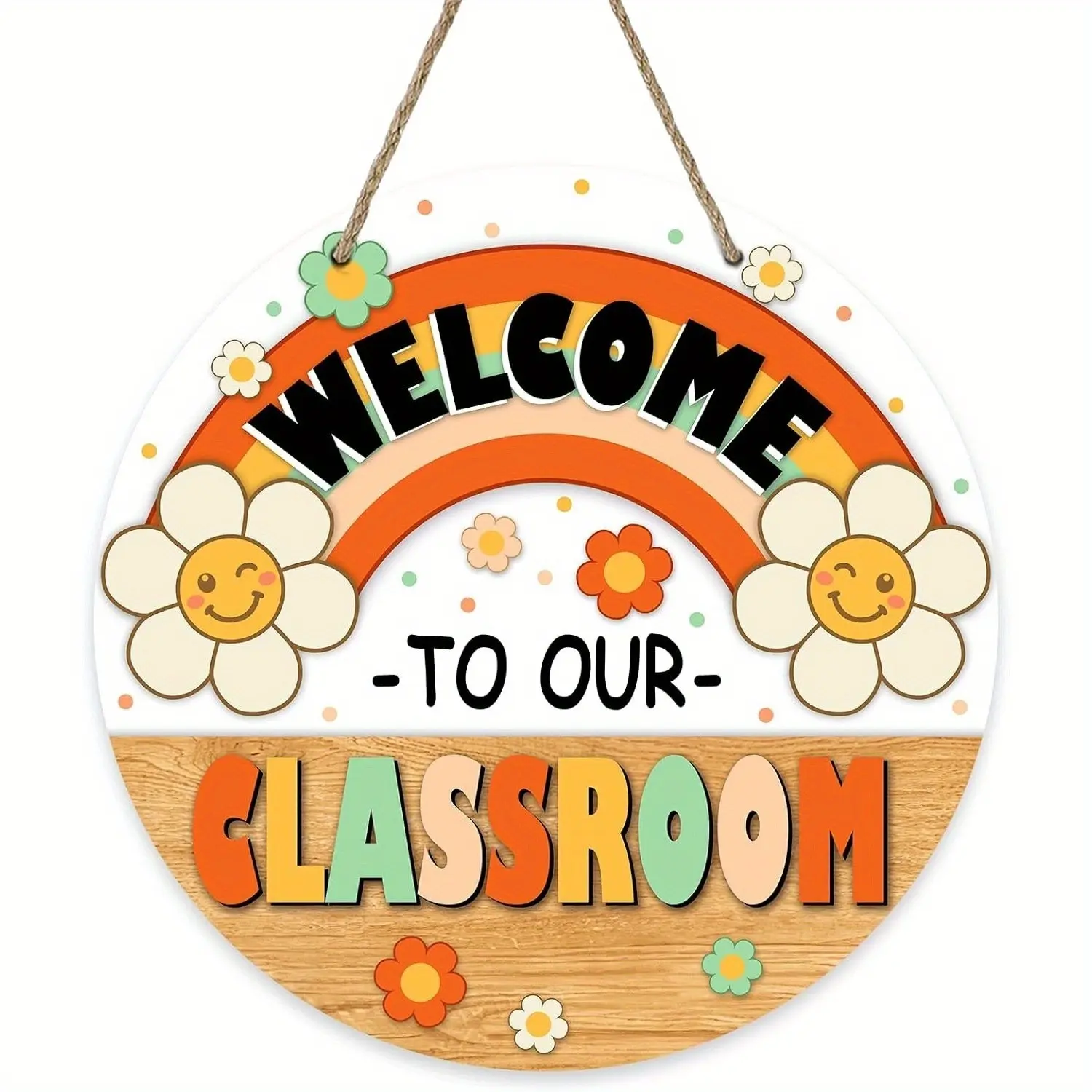 Back-To-School Rainbow Door Sign, Welcome to Our Classroom Daisy Wooden Hanging Decor, Kindergarten Porch Decoration, 9.2x9.2 Inches
