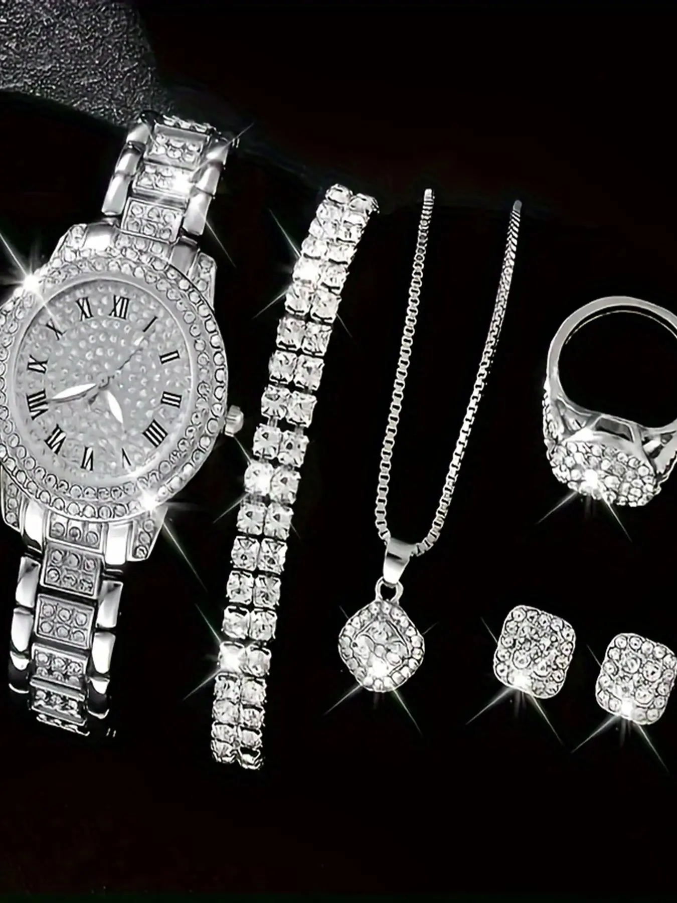 Women's Elegant Rhinestone Decor Quartz Watch & Matching Jewelry Set, Including Round Dial Analog Watch & Bracelet & Necklace & Ring & Earrings, Fashion Watch Set As Gift, Jewellery Gift Set, without Box, Trendy Jewelry Set