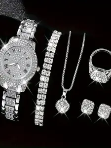 Women's Elegant Rhinestone Decor Quartz Watch & Matching Jewelry Set, Including Round Dial Analog Watch & Bracelet & Necklace & Ring & Earrings, Fashion Watch Set As Gift, without Box