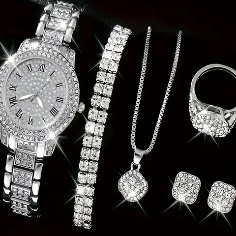 Women's Elegant Rhinestone Decor Quartz Watch & Matching Jewelry Set, Including Round Dial Analog Watch & Bracelet & Necklace & Ring & Earrings, Fashion Watch Set As Gift, Jewellery Gift Set, without Box, Trendy Jewelry Set, Fashionable Jewelry Set