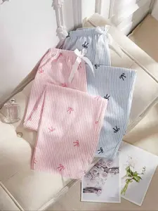 Women's Two-Piece Sleepwear Set, Casual Blue Striped Bow Tie Ribbon Pajamas & Elegant Striped Bow Tie Loungewear, Comfortable Skin-Friendly Fabric