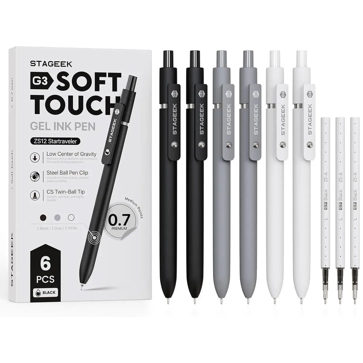 STAGEEK Black Gel Pens 6Pcs 0.7mm Quick Dry Ink with 3 Refills