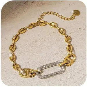 18K Gold Bracelets for Women, Adjustable Waterproof Non-Tarnish Titanium Chain with Pavé AAA+ CZ Accent, Dainty Gold Plated Paperclip Bracelet Jewelry Gifts