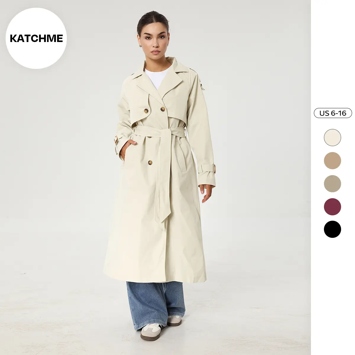 KatchMe Women's Solid Classy Notch Lapel Double Breasted Belt Decor Trench Coat, Versatile Plain Outerwear for Lady Streetwear, Minimalist Outfit（CN）