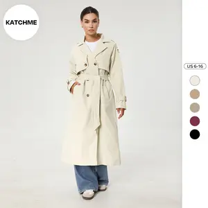 KatchMe Women's Solid Classy Notch Lapel Double Breasted Belt Decor Trench Coat, Versatile Plain Outerwear for Lady Streetwear, Minimalist Outfit（CN）