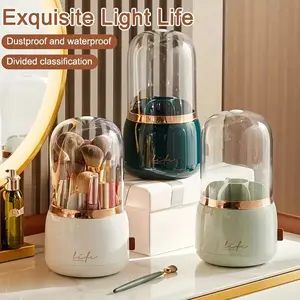 360 Rotating Makeup Brush Holder with Lid, Dustproof & Waterproof Cosmetic Storage Container – Lightweight Covered Organizer for Bedroom & Bathroom, No Installation Required