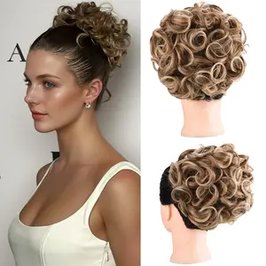 ZIHAN Women's 7-Inch Synthetic Curly Messy Bun Hair Extension - Cocoa Highlight Thick Chignon Hairpiece with Comb Clips, Ponytail Scrunchie for Daily, Party Use, Synthetic Hair Extensions