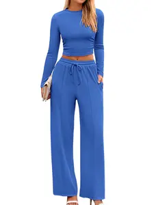 BTFBM 2-Piece Ribbed Knit Long Sleeve Crop Top Wide Leg Pants Matching Lounge Set Loungewear
