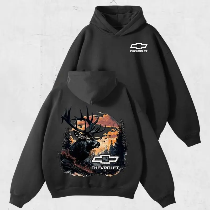Chevrolet Deer Hunting Hoodie – Black Chevy Sweatshirt for Hunters, Wildlife Buck Forest Graphic Hoodie, Outdoor Adventure Gift for Men