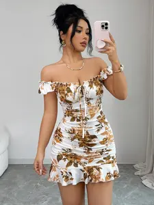 Women's Summer Casual Knitted Floral Print Bodycon Mini Dress, Womenswear, Halter Neck & Round Neck Options, Elegant Chic Feminine Boho Dress, Lace-Up Bow Design, French Ruffle Hem