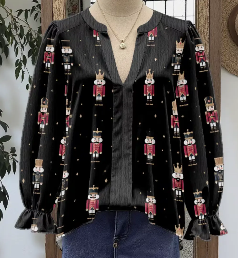 Womens Black Nutcracker Blouse with Festive Nutcracker Pattern and Flounce Sleeves