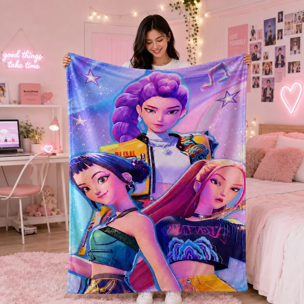 Fantasy K-Pop Anime Idol Girl Group Flannel Throw Blanket Ultra Soft Plush Fleece Cozy Blanket for Bedroom Couch Gaming Room Kawaii Decor Gift