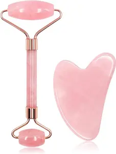 3-in-1 Rose Quartz & Jade Facial Massage Kit – Crystal Roller & Gua Sha Tool for Contouring, Puffiness, Fine Lines & Radiance Enhancement