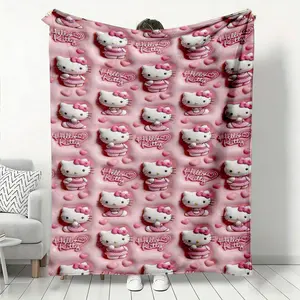Hello Kitty Plush Flannel Blanket, Adorable Style Pink and White Kitty Print with English Hello Kitty Lettering, Ultra Soft Cozy Fuzzy Throw for Couch Bed Sofa, Lightweight Warm Blanket for Kids A