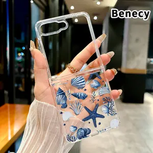 Seashell Symphony Pattern Protective Case for Z Flip 7/6/5/4, Double Protection Transparent Foldable Cover with Camera Lens Guard