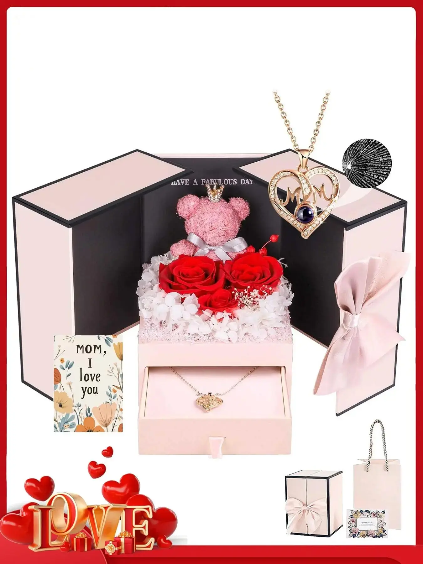 Mother's Day Gift Necklace Box Set, Heart Projector Necklace with Card and Rose Bear, Fashionable I Love You Necklace, Trendy Charm Necklaces, Amour Heart Necklace, Heart Pendant Necklace, Perfect for Various Occasions, Exquisite Jewelry Gift