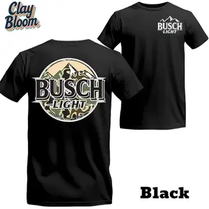 Camo Mountain Silhouette Graphic Shirt - Busch Light Inspired Beer Apparel - Double Sided Premium Cotton Shirt - Hunting & Fishing Apparel - Cool Gift for Beer Lovers - By Clay Bloom