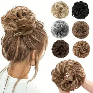 Large Thick Messy Bun Hair Piece, Wavy Curly Synthetic Chignon Ponytail Hair Extensions for Women with Scrunchies, Mixed Color Hairpiece, clip hair extensions