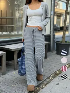 Women's Striped Print Drawstring Waist Pants, Casual Lounge Pants, Casual Wide Leg Trousers for Daily Wear, Ladies Bottoms for All Seasons, Comfortable trousers