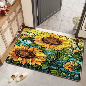 1pc Colorful Window Sunflower Healing Art Entrance Rug, Anti-Slip Glass Texture Print Mat, Warm Atmosphere Hallway Decor, Durable Absorbent Floor Pad