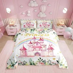 Princess Bedding Set,Pink Fairy Castle Comforter Sets,Fairy Garden Floral Bed Set,Cute Rainbow Comforter,Reversible ,Breathable