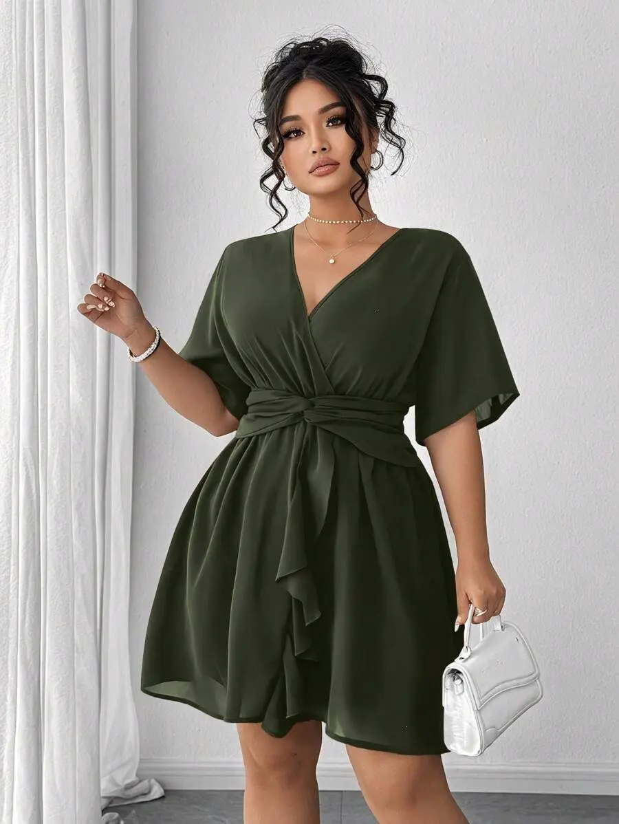 JOYCE Plus Size Elegant Dark Green Autumn Curve Cocktail Mini Chiffon Dress Deep V-Neck Ruffle Sleeve Crossed Twist Tied Hem French Style Cinched Waist Black Dress