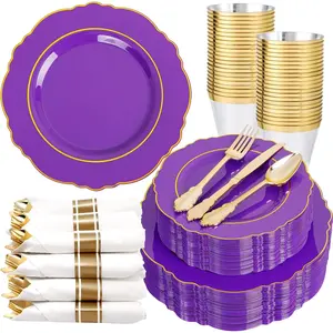 350 count Purple Plastic Plates-Disposable Purple and  Plates 50 guest Baroque Plastic Dinnerware include 100Plates,50Pack Pre Rolled Napkins with Silverware 50Cups for Graduation