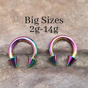 PICK 2 Rainbow Spike Cone Titanium Steel Pinchers Ear Plug Horseshoes Gauge Septum Stretching 2g 4g 6g 8g 10g 12g 14g Circular Barbell big