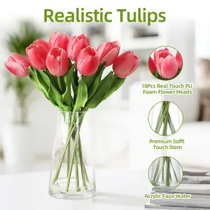 OUTGOODS 10 Pcs Real Touch Artificial Tulips - PU Fake Tulip Stems with Glass Vase, Rose Red Spring Flower Arrangement for Easter, Wedding, Home, Table Centerpiece Decor