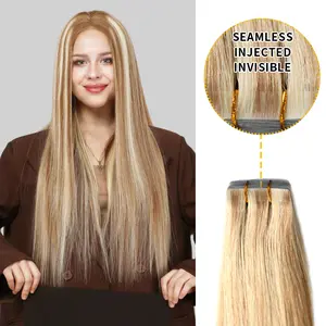YILITEHAIR #P18/613 Ash Blonde Highlights Invisible Tape In Extensions Virgin Human Hair 14In-20In 20Pcs Straight Texture Seamless Injected