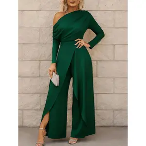 Formal Off Shoulder Wrap Overlay Jumpsuit, Loose Split Wide Leg High Waist Cocktail Jumpsuit for Wedding Guest & Clubwear, All-Season Casual Overalls for Dating & Daily Wear, Accessories-Compatible Womenswear