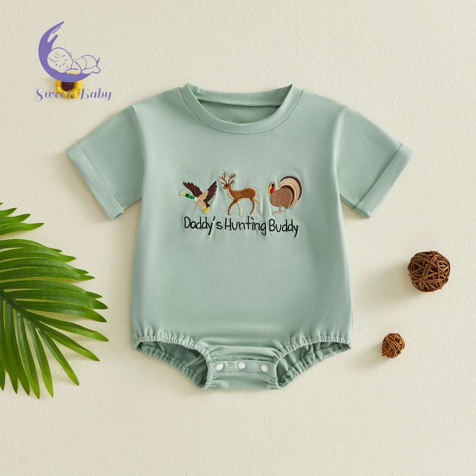 Baby Boy Summer Romper, Short Sleeve Round Neck Jumpsuit with Adorable Letter and Animal Embroidery, Animals, 0-3 Months, Cotton Blend