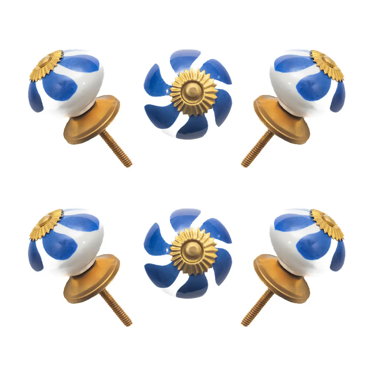 Hand-Painted Blue Leaf & White Ceramic Knobs with Antique Brass Accents (Set of 6) - 1.5 Inch - by CDNY