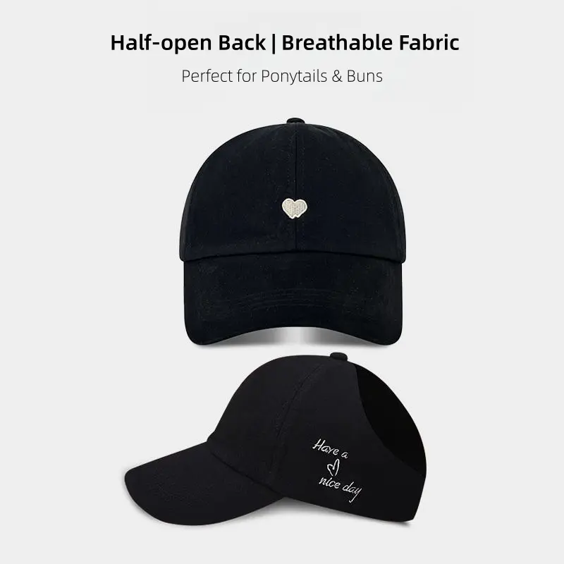 Breathable Open Back Ponytail Baseball Cap, Cute Heart Embroidery，The half-open back design keeps it super breathable，lightweight for spring & summer，super comfy all day long