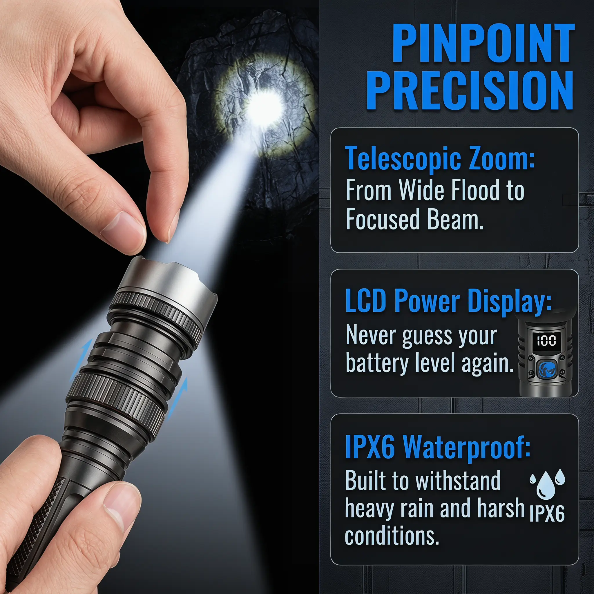 2200 Lumen Super Bright Rechargeable Flashlight with Power Bank, Zoomable IPX6 Waterproof LED Flash Light, Digital Display Tactical Torch for Camping, Emergency, Men Gift for Father's Day