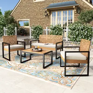 PHIVILLA Outdoor Wicker Patio Furniture Set, Cushioned Rattan Loveseat & Chairs, Rattan Sofa Set with Acacia Wood Coffee Table, Elegant All-Weather Seating for Garden, Backyard & Poolside, DealsForYouDays