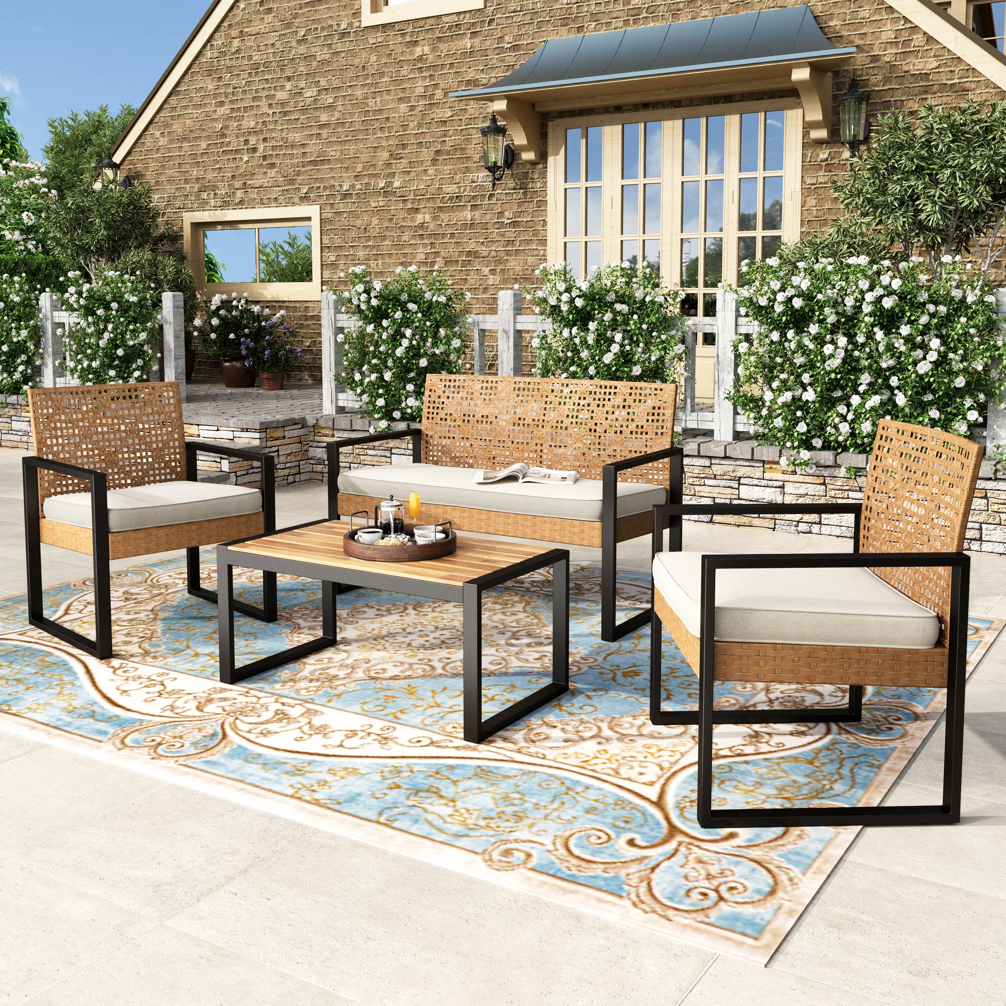 PHIVILLA Outdoor Wicker Patio Furniture Set, Cushioned Rattan Loveseat & Chairs, Rattan Sofa Set with Acacia Wood Coffee Table, Elegant All-Weather Seating for Garden, Backyard & Poolside, DealsForYouDays