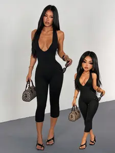 Women's Sexy Deep V Halter One-Piece Pants, Slim Fit Seven-Quarter Pants, Backless Strap Tight Body Suit, Night Club Party Street Style