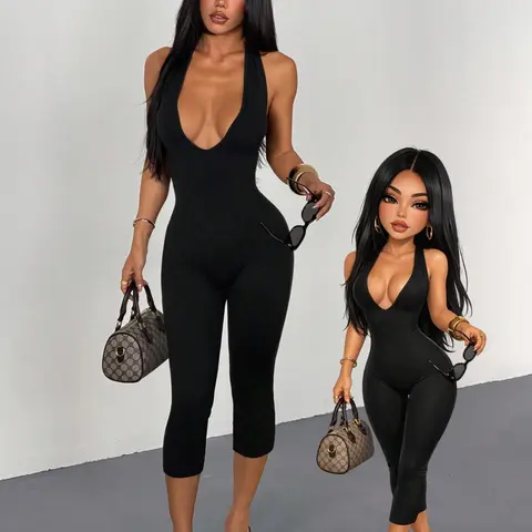 Women's Sexy Deep V Halter Sleeveless One-Piece Pants, Slim Fit Seven-Quarter Cropped Pants, Backless Strap Tight Body Suit, Night Club Party Streetwear Street Style