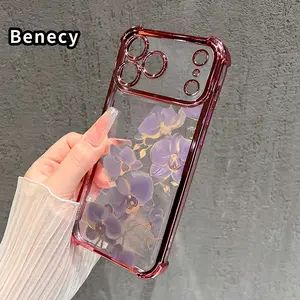 Purple Orchids Pattern Four Corner Anti-Fall Phone Case Transparent Electroplated Protective Cover for iPhone 17 16 Pro Max 15 Plus 14 13 12 11 E Air
