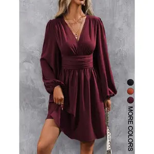 Women’s solid-color deep V-neck dress, casual bishop-sleeve A-line dress for spring and autumn, women’s everyday wear, women’s clothing GARMENTARY