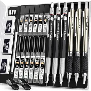 6 PCS Art Mechanical Pencil Set, 3 PCS Metal Drafting Pencil 0.5 mm, 0.7 mm & 0.9 mm, 3 PCS 2mm Graphite Lead Holder (2B HB 2H) For Writing, Sketching, Drawing With Lead Refills Case