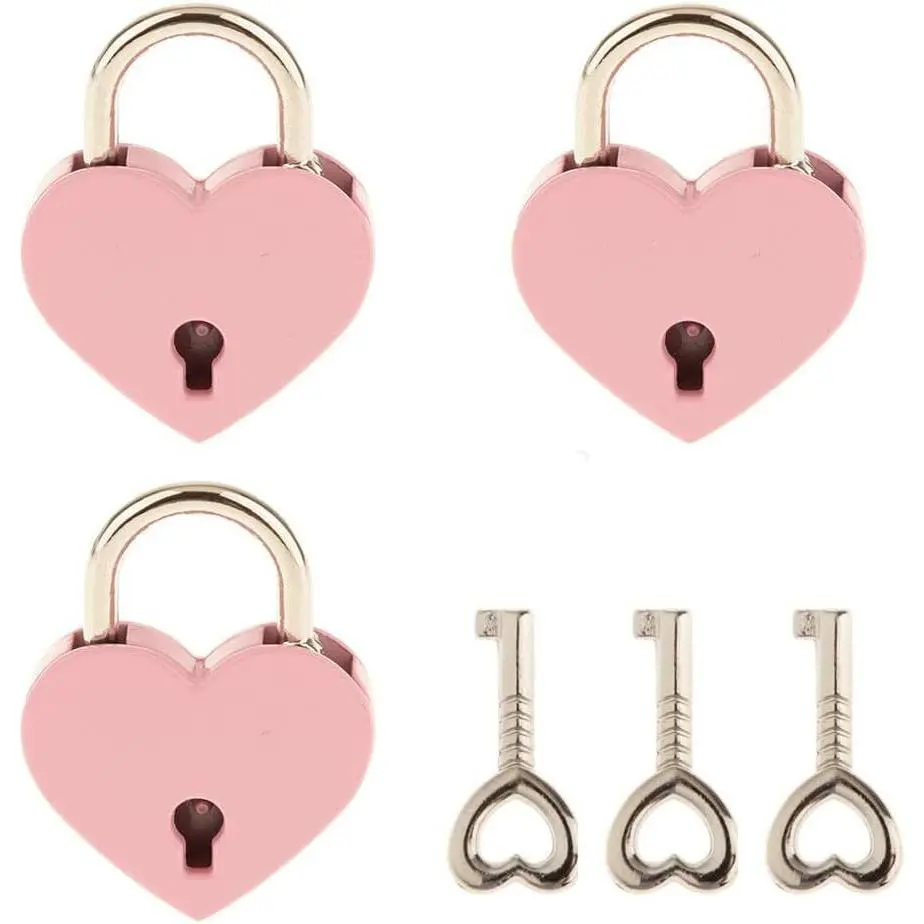 3 x Small Metal Heart-Shaped Padlocks with Keys, Pink Mini Padlocks for Jewelry Storage Boxes, Diary Books, Closets, Storage Units