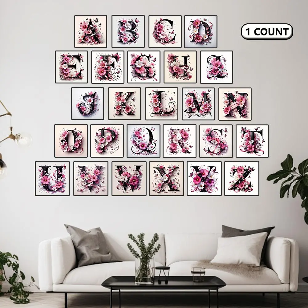 Black Artistic Font Diamond Arts Painting Kit Without Frame, Tool Kits Pink Flower Alphabet Full Round Diamond Paint Butterfly Pattern Handmade Wall Decor Gifts