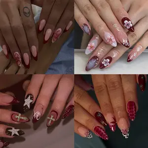 96pcs Medium Almond Nails Set, Merlot French Press-On Acrylic Tips, Glossy Finish, Petal Star Leopard Design, Includes Storage Box