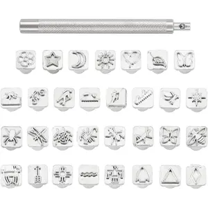 PH PandaHall 32 pcs Stainless Steel Leathercraft Metal Insect Theme Stamps Punch Set Tool with 1 pc Handle for Leather Craft Belt Bag Craft DIY Jewelry Marking
