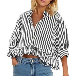 Cicy Bell Women’s Cropped Striped Button Down Shirts Ruffle 3/4 Length Sleeve Summer Tops Dressy Casual Blouses