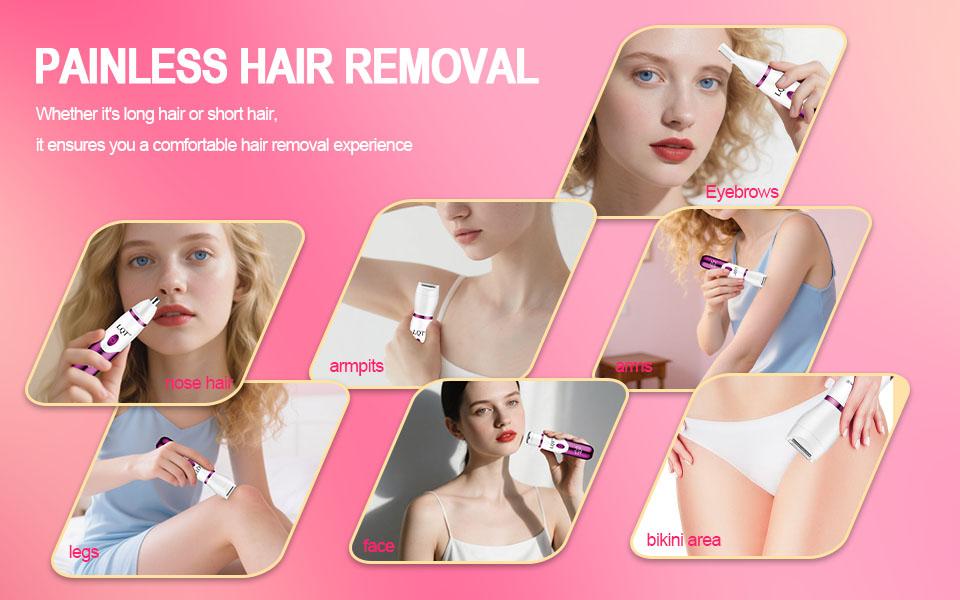 LQT 4-in-1 Multi-Functional Women’s Electric Grooming Kit, designed for gentle hair removal and styling for the whole body. It handles hair management for the face, body, and delicate areas in one compact device, perfect for at-home use and travel,