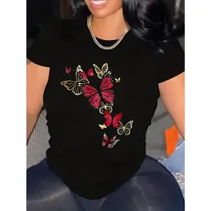 Women's Casual Butterfly Print T-Shirt - Short Sleeve, Round Neck, Stretchy Polyester Blend, Vibrant Red and Golden Embroidery Detail