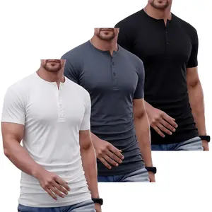 Men’s solid-color casual short-sleeve Henley shirt set (3 pieces), lightweight button closure, suitable for work and sports, comfortable breathable fabric, solid color.